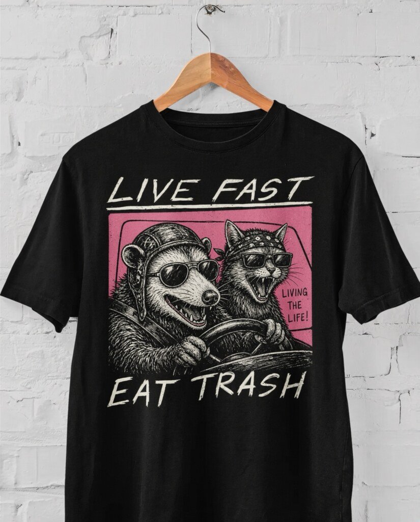 Live Fast Eat Trash Shirt | Funny Opossum and Cat Tee