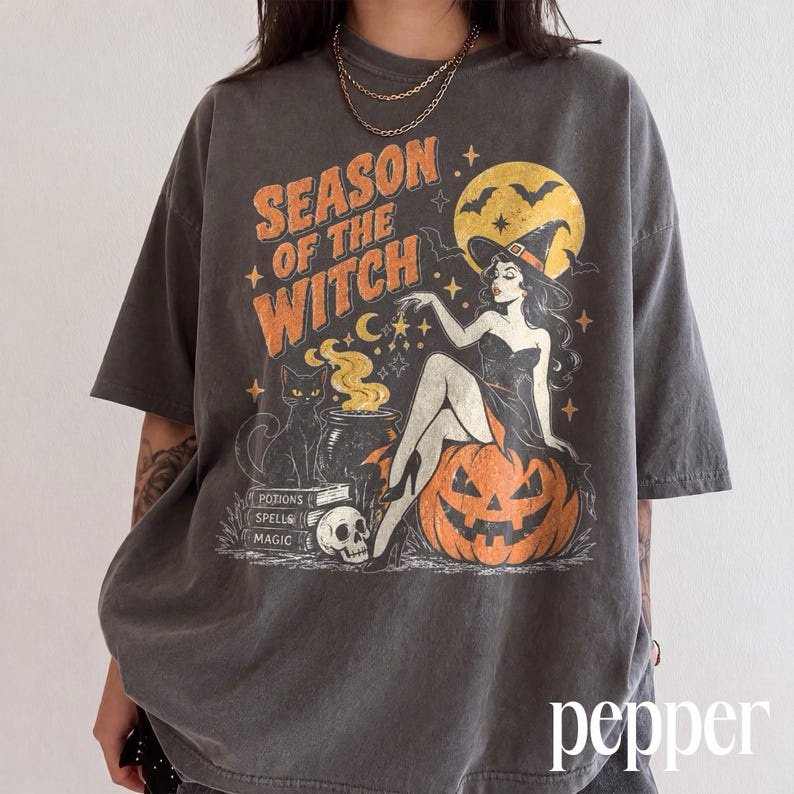 Season Of The Witch Comfort Colors® Shirt, Pin Up Witch Graphic Tee, Vintage Halloween Sweatshirt, Spooky Season Gift