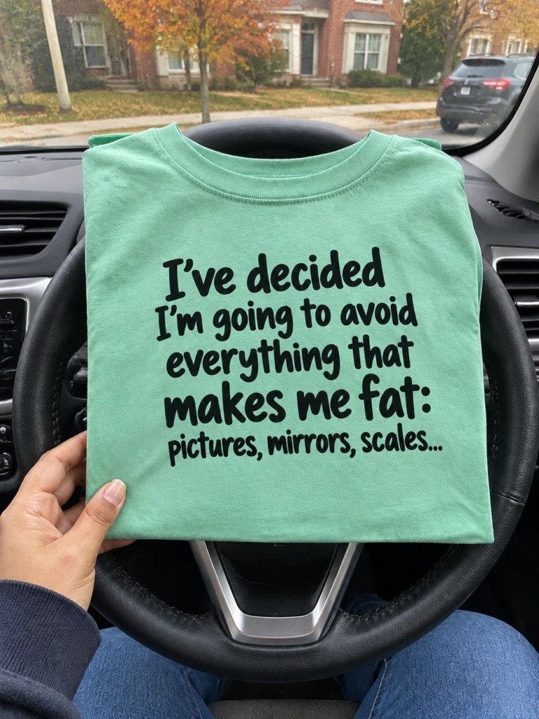 img_5069-2 I've Decided To Avoid Everything That Makes Me Fat: Pictures Mirrors And Scales T-Shirt